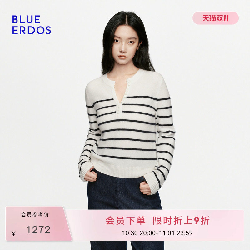 BLUE ERDOS2026秋冬新品条纹上衣休闲松弛山羊绒混纺圆领羊绒衫女
