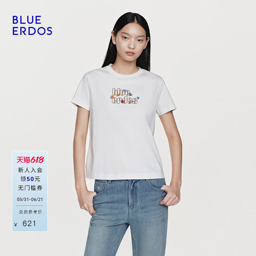 【100%棉】BLUE ERDOS2026夏季新品日常休闲刺绣logo短袖上衣女