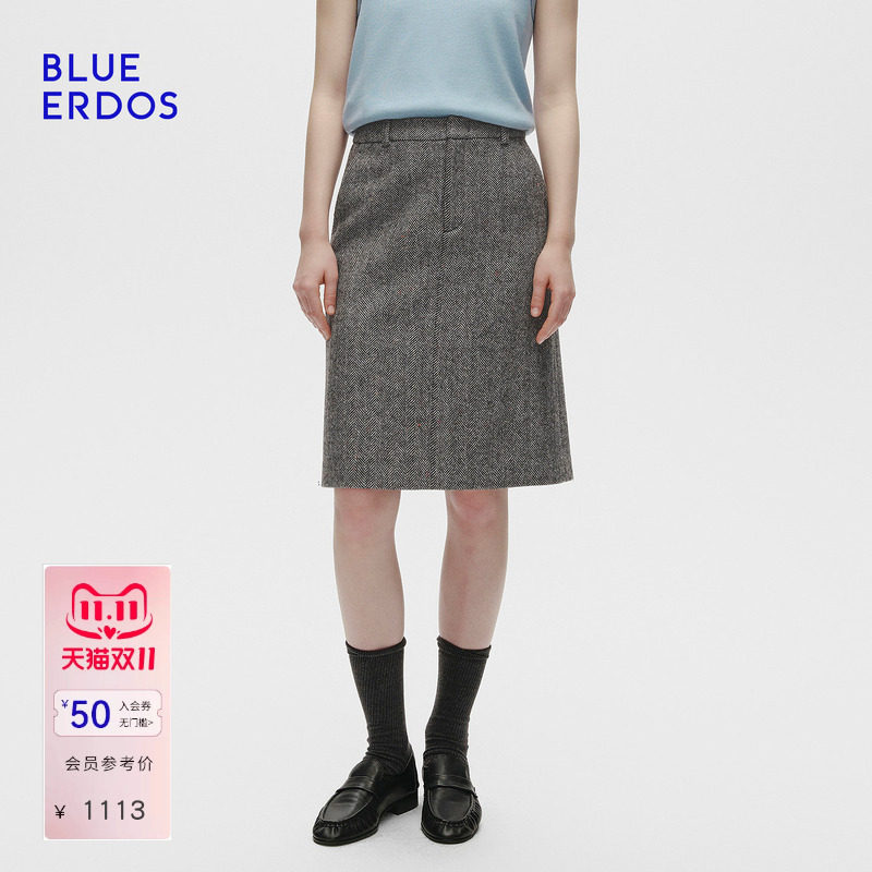 【100%绵羊毛】BLUE ERDOS秋季高智摩登复古人字纹后开叉半裙女