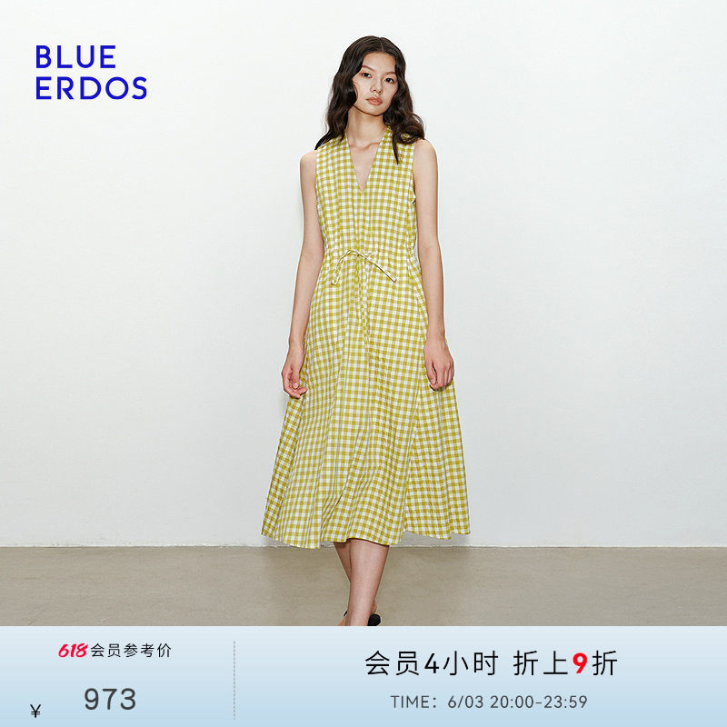 BLUE ERDOS2026夏季新品度假风黄色格纹气质V领无袖连衣裙女