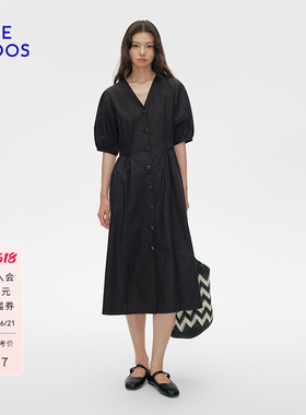 BLUE ERDOS夏季全棉V领五分袖气质连衣裙小黑裙女B255I3020