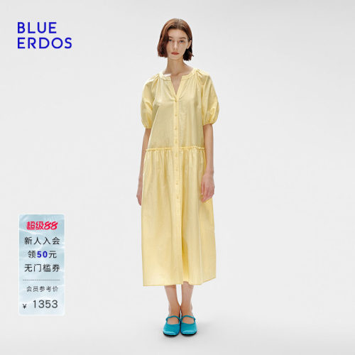 BLUE ERDOS夏季宽松欧若风V领泡泡袖中长款连衣裙B255I2006