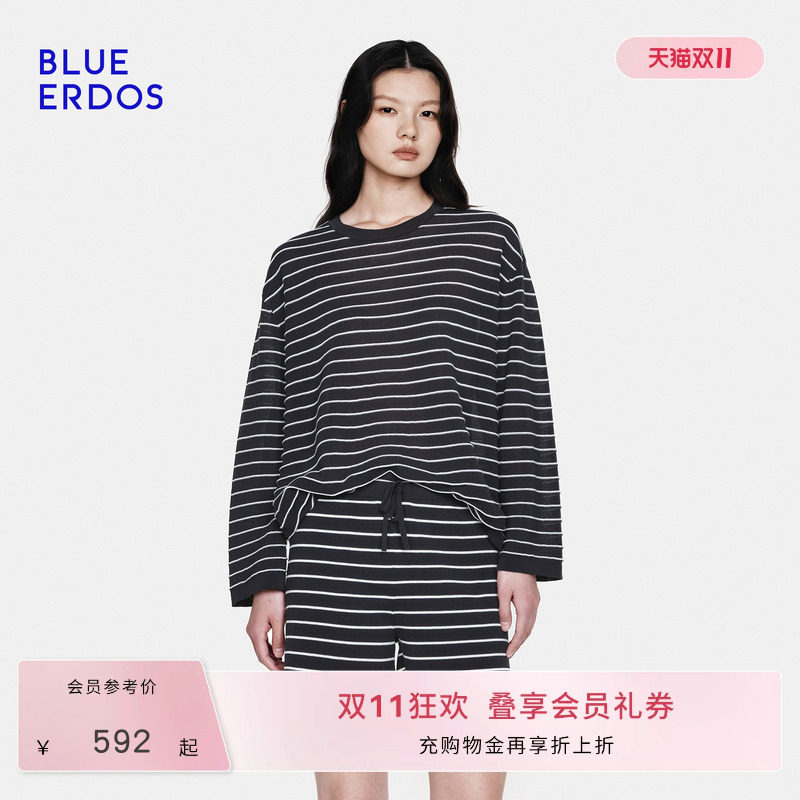 BLUE ERDOS 26秋季套装精纺圆领夹条女休闲宽松条纹时尚套衫/短裤