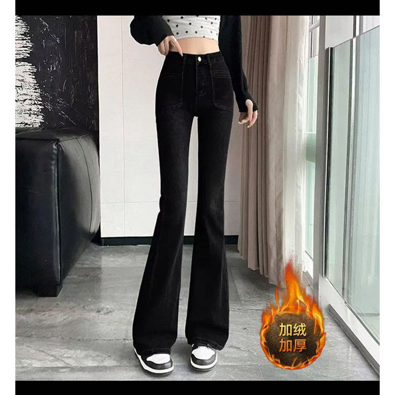 가을 겨울 뚱뚱한 MM 여성을 위한 300파운드 대형 미국 복고풍 부츠컷 청바지 플러스 벨벳 하이 웨이스트 슬림 바닥 길이 걸레 바지 2