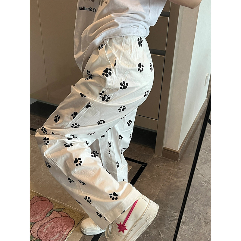 300파운드 대형 미국 개 프린트 지방 MM용 캐주얼 스트레이트 팬츠 봄 여름 심플 와이드 레그 슬리밍 스포츠 바지