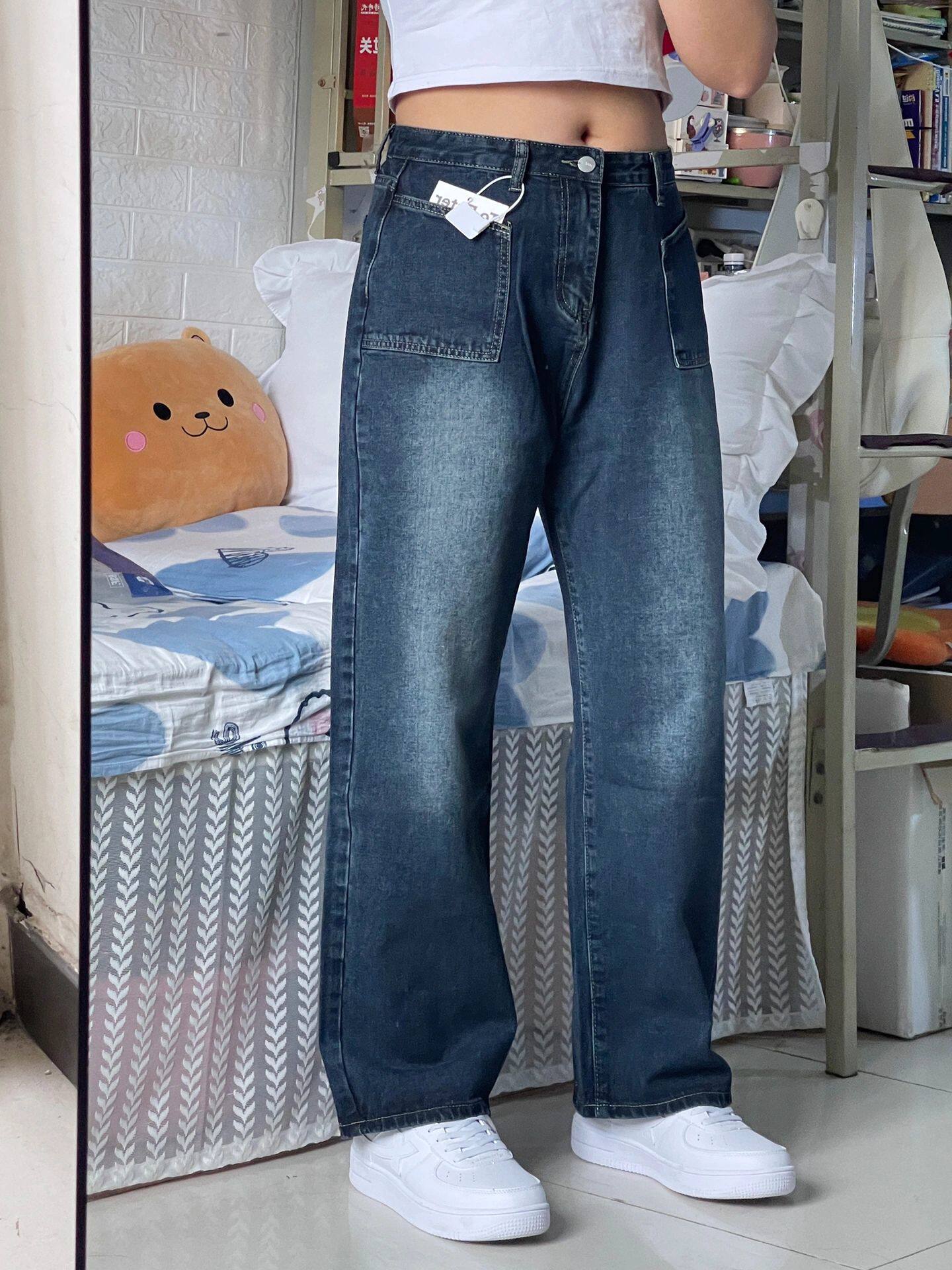 여성용 아메리칸 슬림 스트레이트 청바지 130-300파운드 대형 사이즈 지방 MM 루즈한 하이웨이스트 배형 긴 바지