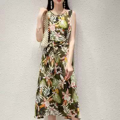 MALCENL KLON2021 summer women's new white and comfortable resort style printed sleeveless belt dress