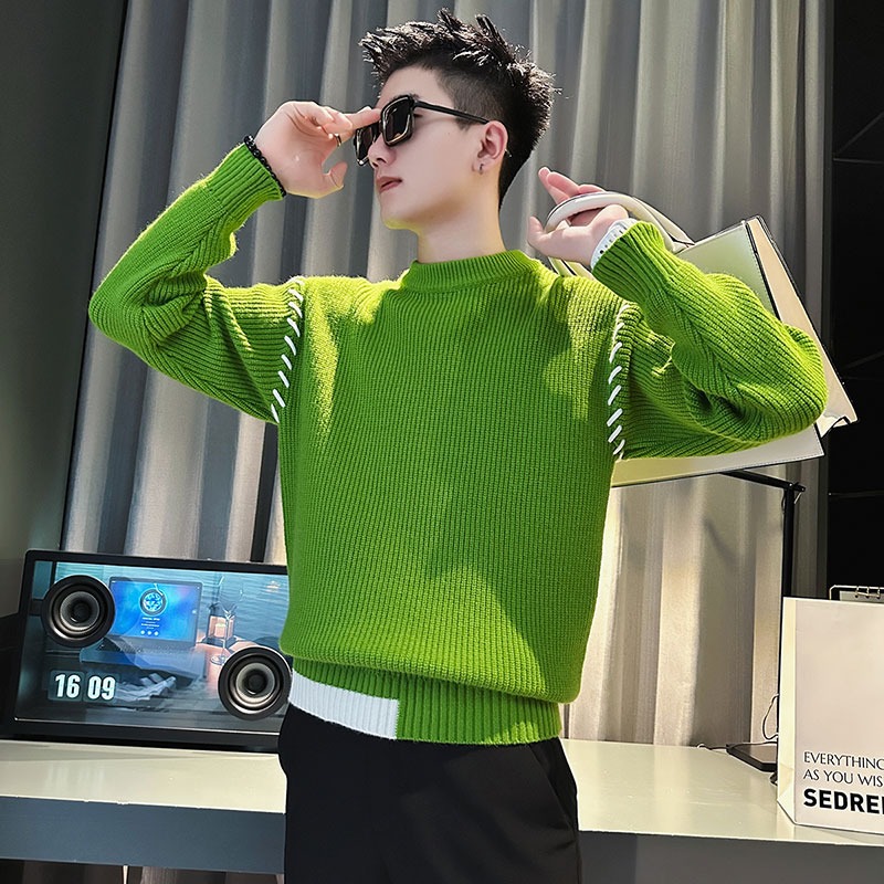 绿色圆领毛衣男厚保暖打底针织衫