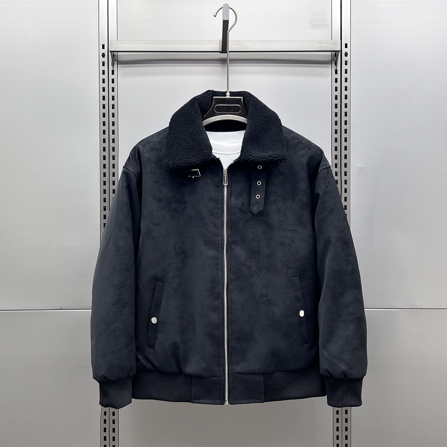 美式复古可拆卸毛领PU皮棉衣男潮