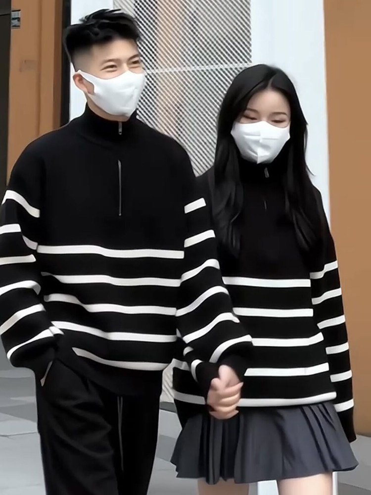 하프 지퍼 스트라이프 스웨터 남성 스탠드 칼라 가을 겨울 새로운 스타일 게으른 하이 엔드 느슨한 풀오버 바닥 스웨터 재킷