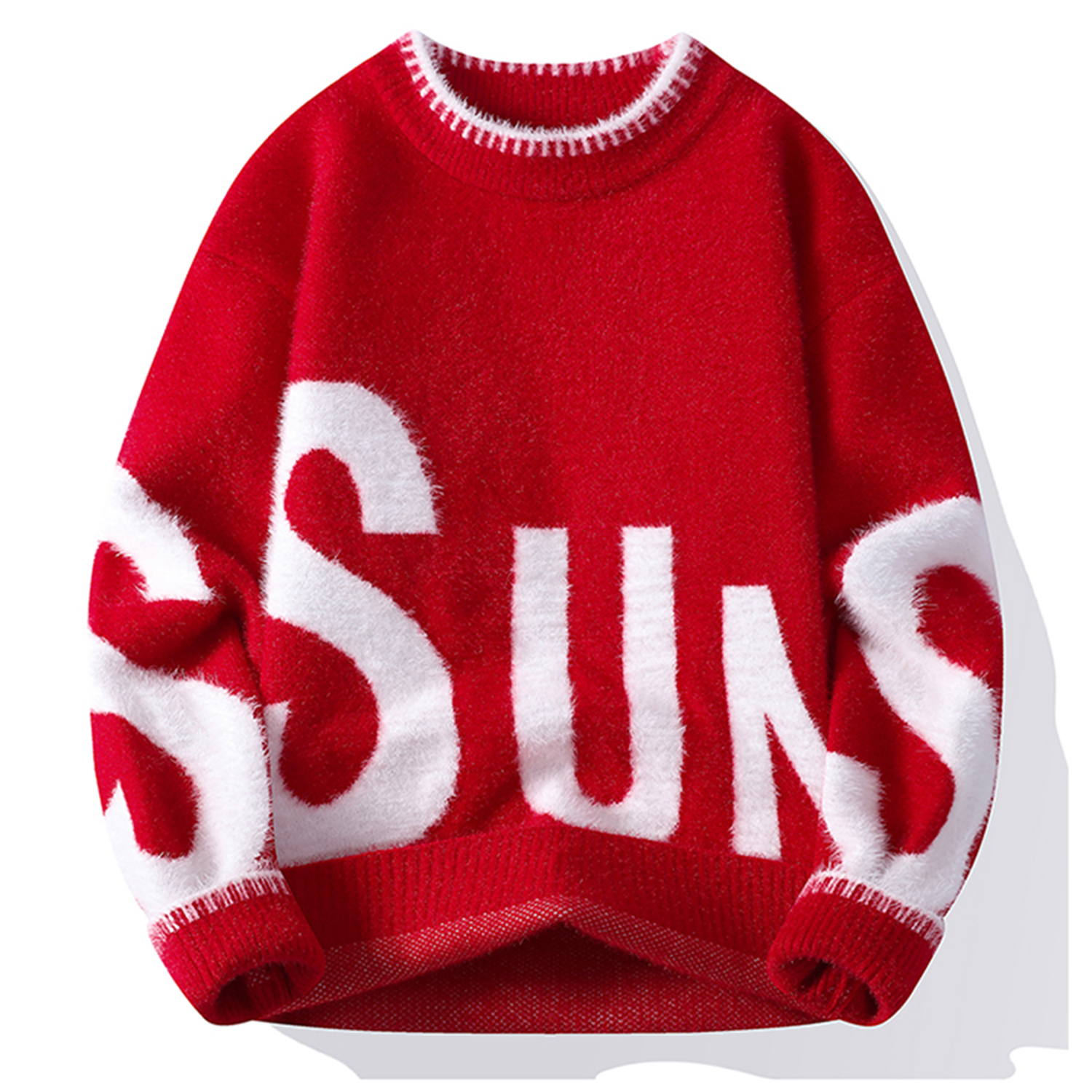 大红色本命年中领水貂绒毛衣男潮