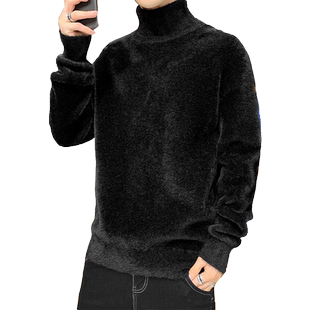 仿水貂绒高领毛衣男冬季加绒加厚款纯色毛绒打底衫男士保暖毛线衣