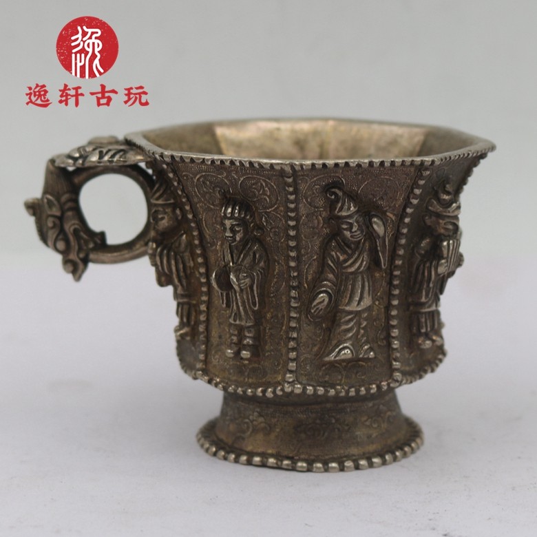 古玩仿古唐代金银器铜鎏银伎乐纹八棱银杯手工精雕摆件端庄大气