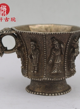 古玩仿古唐代金银器铜鎏银伎乐纹八棱银杯手工精雕摆件端庄大气