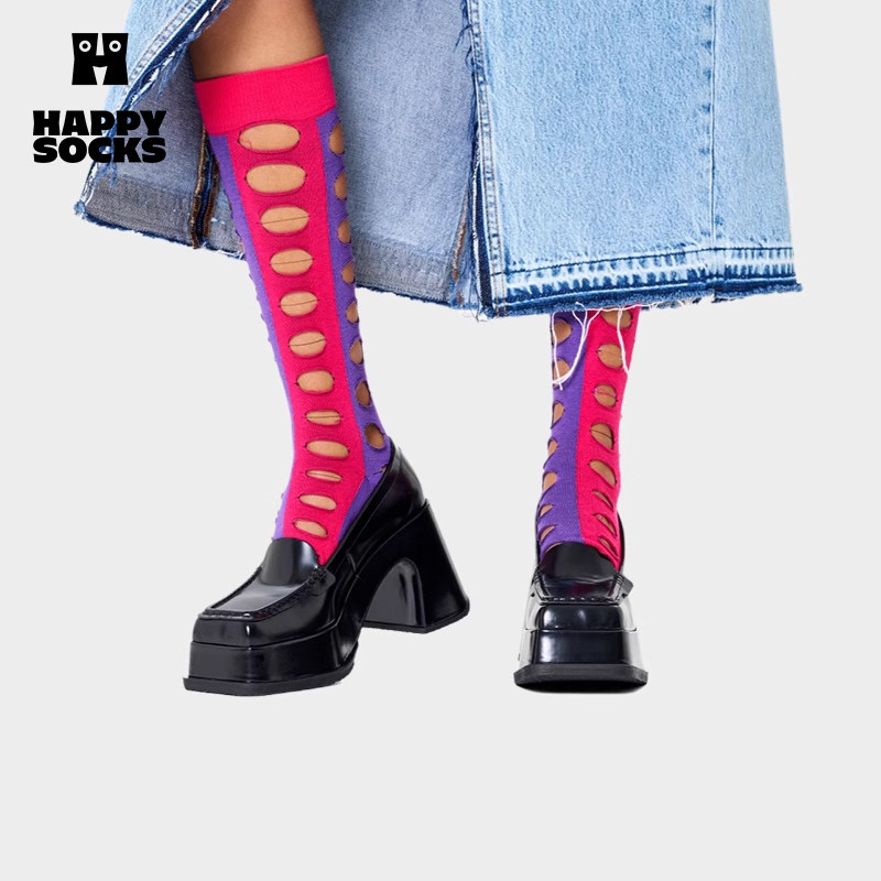 【春秋款】HappySocks潮牌拼色破洞乞丐袜高筒袜及膝袜小腿袜女,女士内衣/男士内衣/家居服,长筒袜,淘宝优惠券,粉丝福利购,淘宝优惠卷