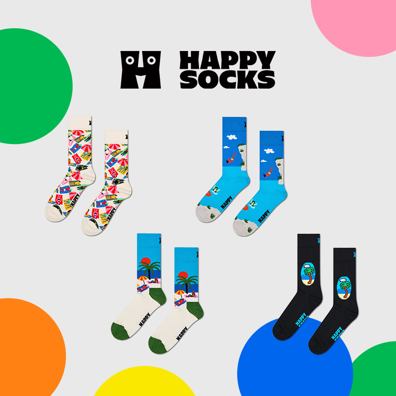 Happy Socks度假沙滩男女同款袜子椰子树印花设计舒适中筒袜