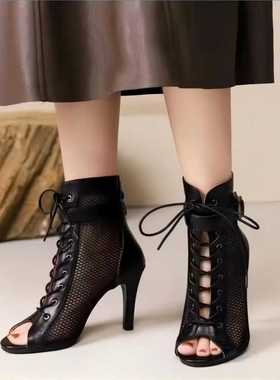 Fashionable Fish Mouth Mesh Cross Lace High Heels系带高跟鞋