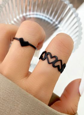 Women's Hollow Black Smooth Love Ring欧美女黑色戒指两件套
