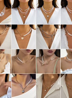 Vintage women's round bead chain layered necklace女分层项链