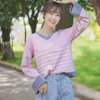 帛 2019 mùa thu đông mới áo len sọc rộng tay áo dài tay cổ chữ V phối màu áo len nữ - Đan Cardigan áo cardigan nữ dáng dài