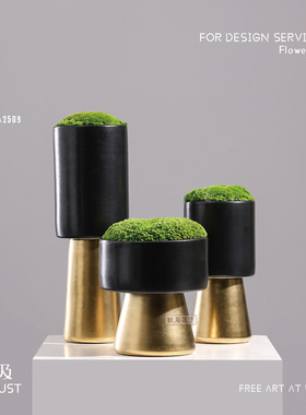 妖及陶瓷黑金高脚花瓶永生苔藓