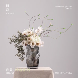 妖及 现代创意玻璃花瓶仿真花【白迎】酒店接待台餐桌家居装饰品