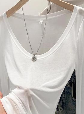 天丝亲肤薄款微透修身纯欲辣妹白色u领防晒打底罩衫T恤女早秋上衣