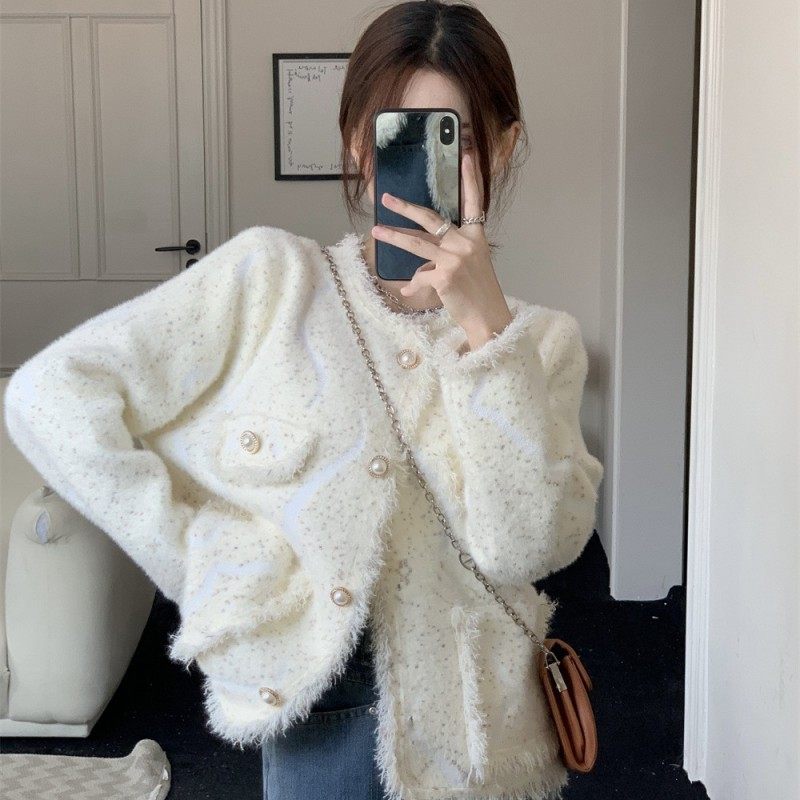 2023秋冬新款女装仿水貂绒设计感流苏针织开衫毛衣女小香风外套潮