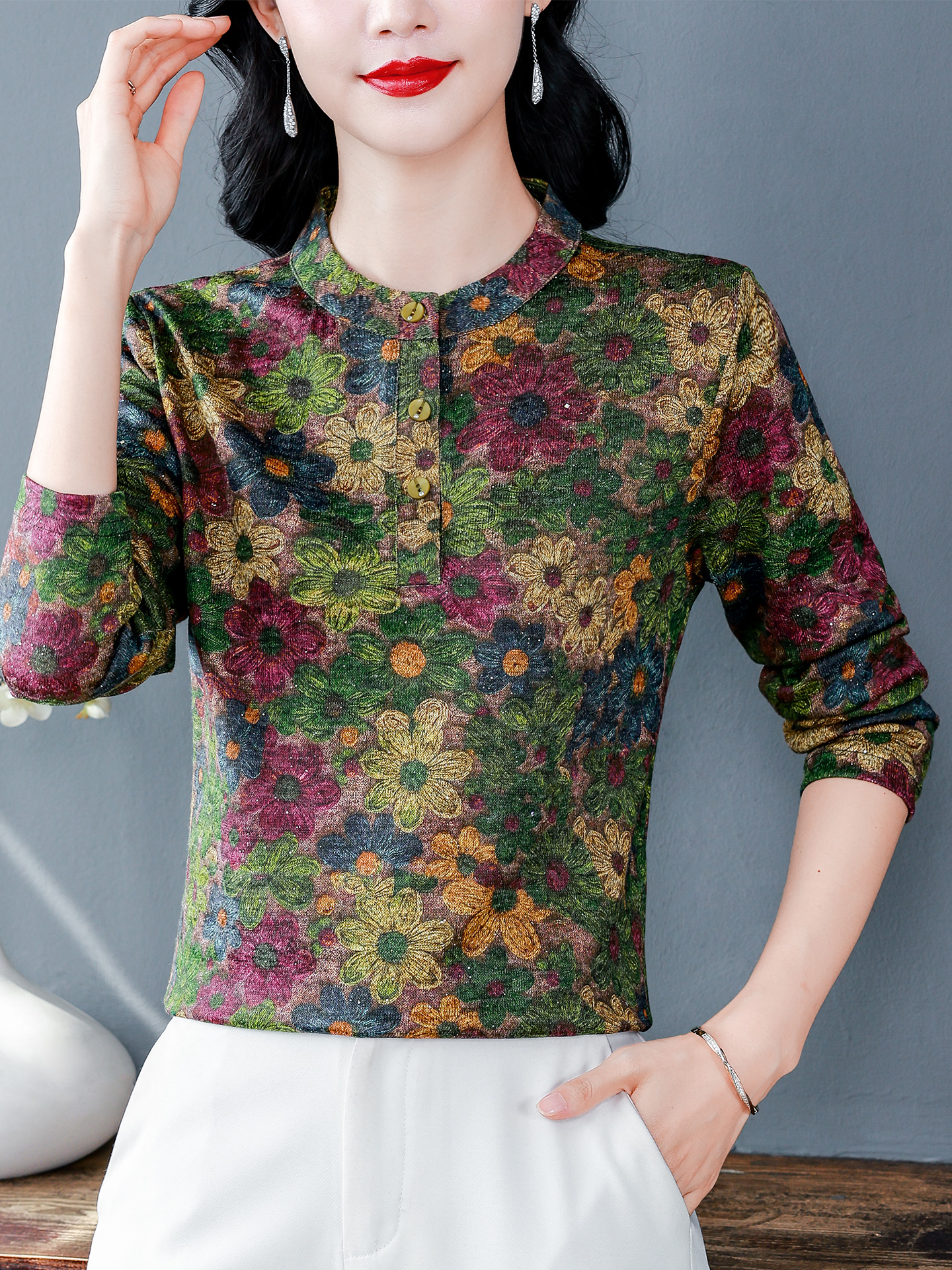 ROUMIKL中年妈妈洋气印花打底衫女秋冬气质立领长袖T恤内搭外穿显