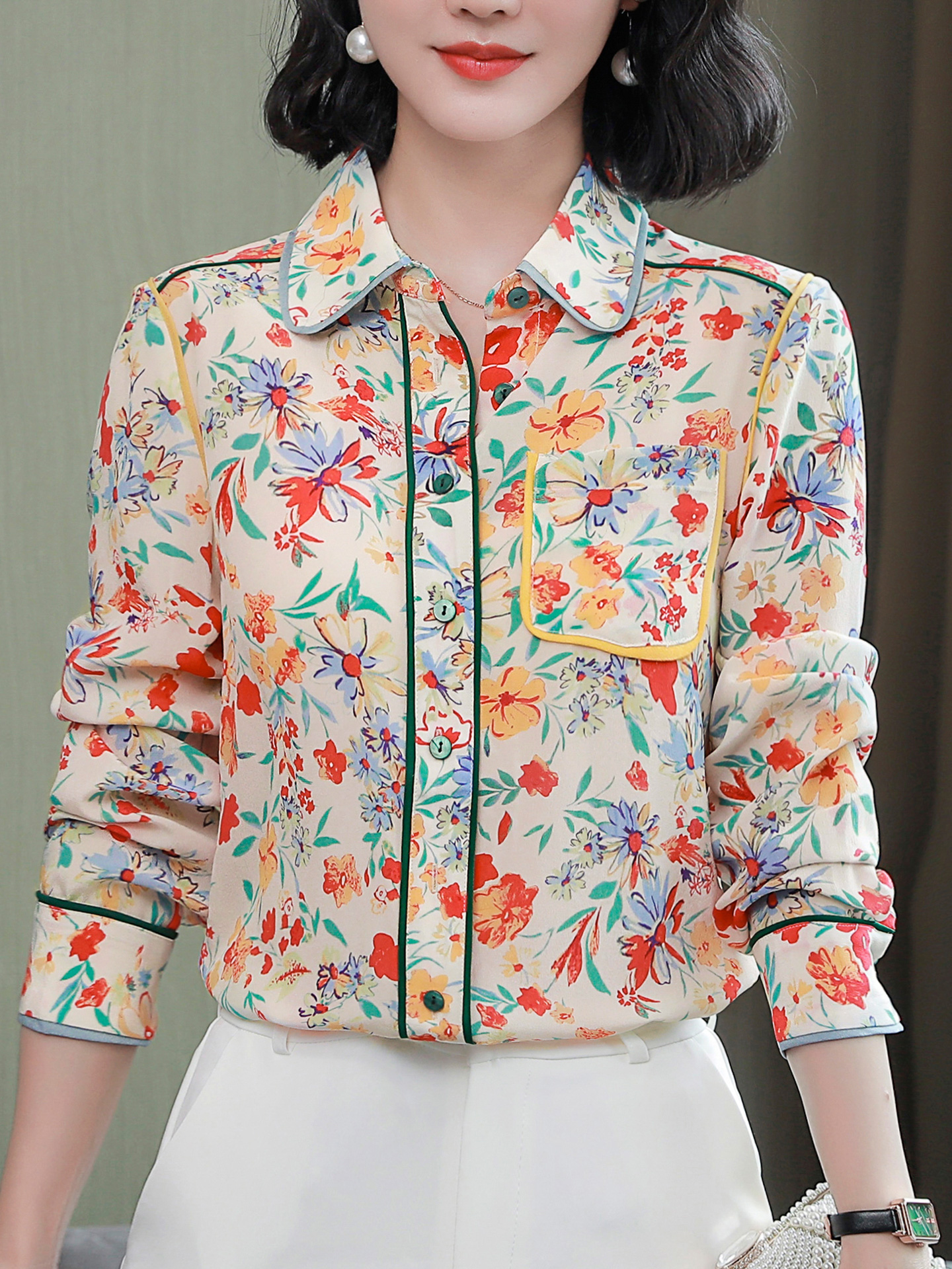 ROUMIKL中年妈妈时尚印花长袖衬衫女士秋装新款气质显瘦衬衣时髦