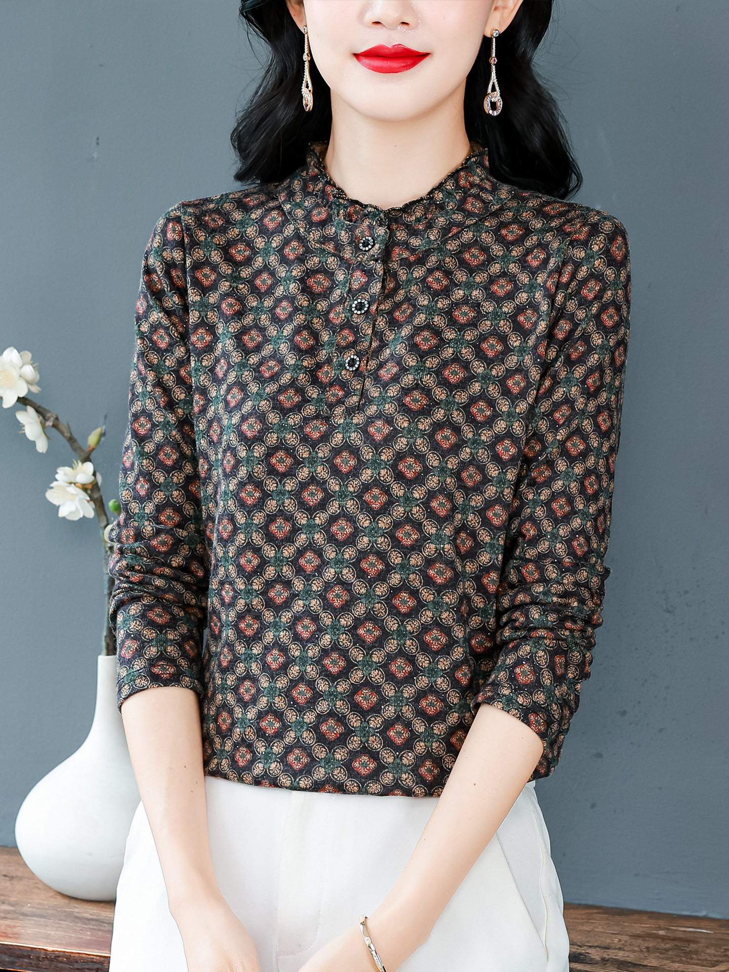 ROUMIKL时髦木耳边碎花立领长袖T恤女士秋冬内搭洋气妈妈打底衫显