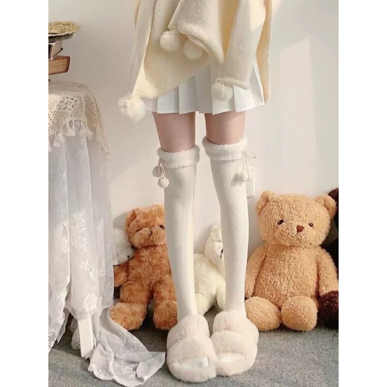 毛球加绒lolita过膝袜子女秋冬季长筒加厚日系jk洛丽塔白色小腿袜,女士内衣/男士内衣/家居服,长筒袜,淘宝优惠券,粉丝福利购,淘宝优惠卷