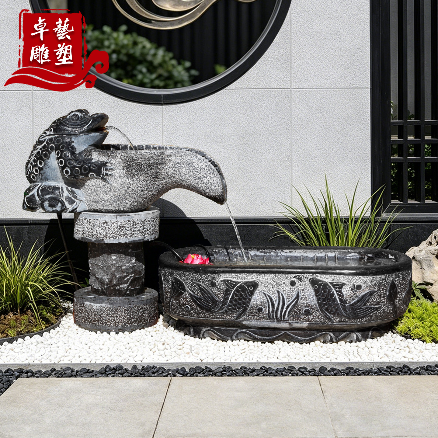 卓艺雕塑青石鱼缸椭圆形流水石槽