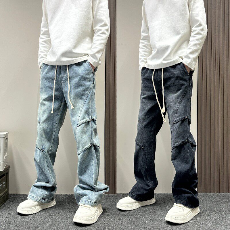 美式潮牌层次感拼接微喇牛仔裤男款春秋季cleanfit宽松直筒弯刀裤