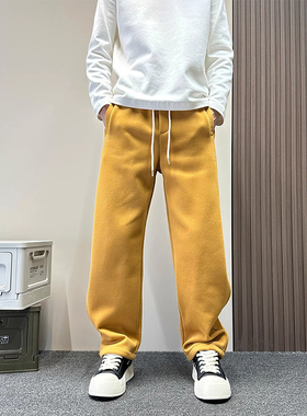 高级感黄色直筒卫裤男款秋冬加绒防风裤子美式潮牌宽松休闲运动裤