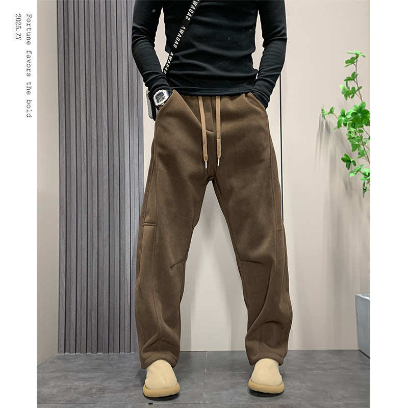 2025新款冬季加绒加厚简约百搭弯刀休闲裤男士宽松显瘦直筒运动裤