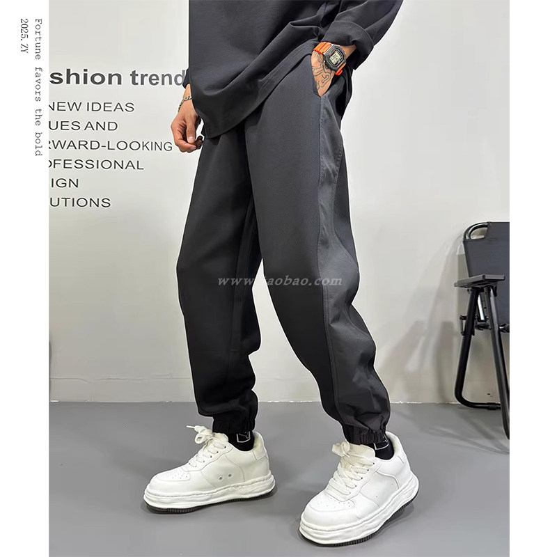 秋冬加绒加厚束脚运动卫裤男宽松小脚流行拼接立体剪裁保暖休闲裤