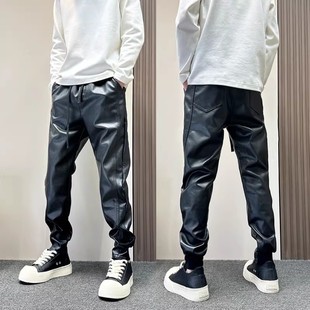 2025秋冬新款束脚刺绣加绒机车皮裤男款修身显瘦防风防水休闲裤