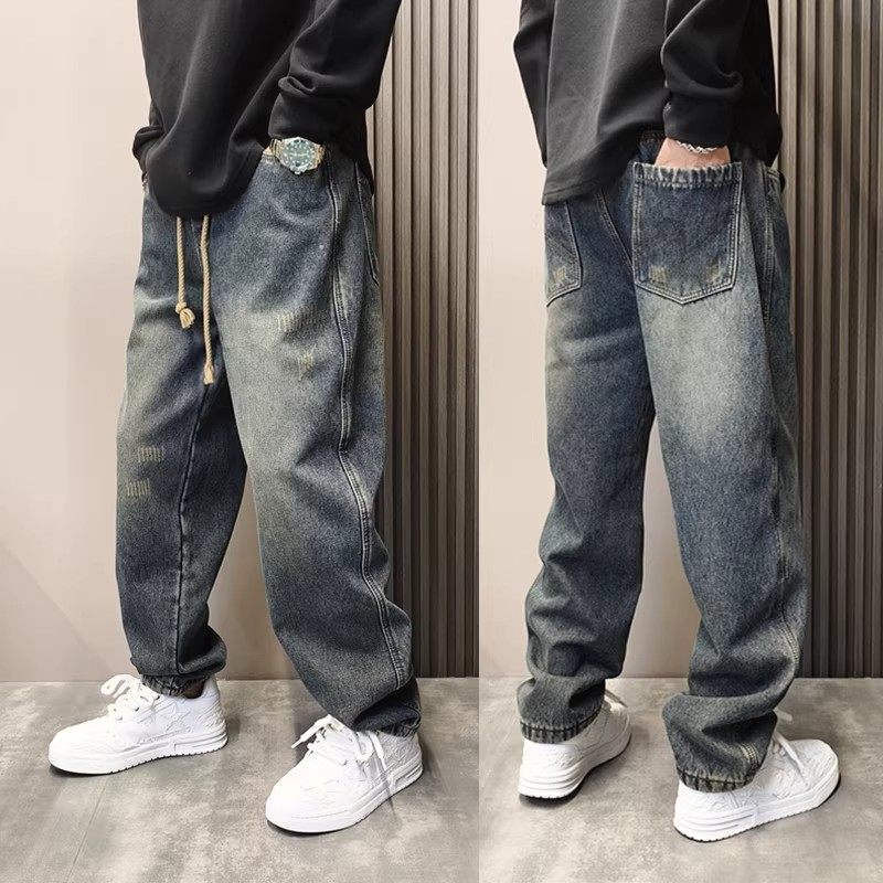 美式水洗牛仔裤男秋冬加绒宽松直筒阔腿裤潮牌垂感高街休闲长裤