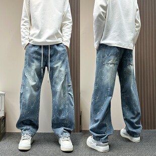 设计感压褶层次感弯刀牛仔裤男2026春秋款宽松直筒美式潮牌阔腿裤