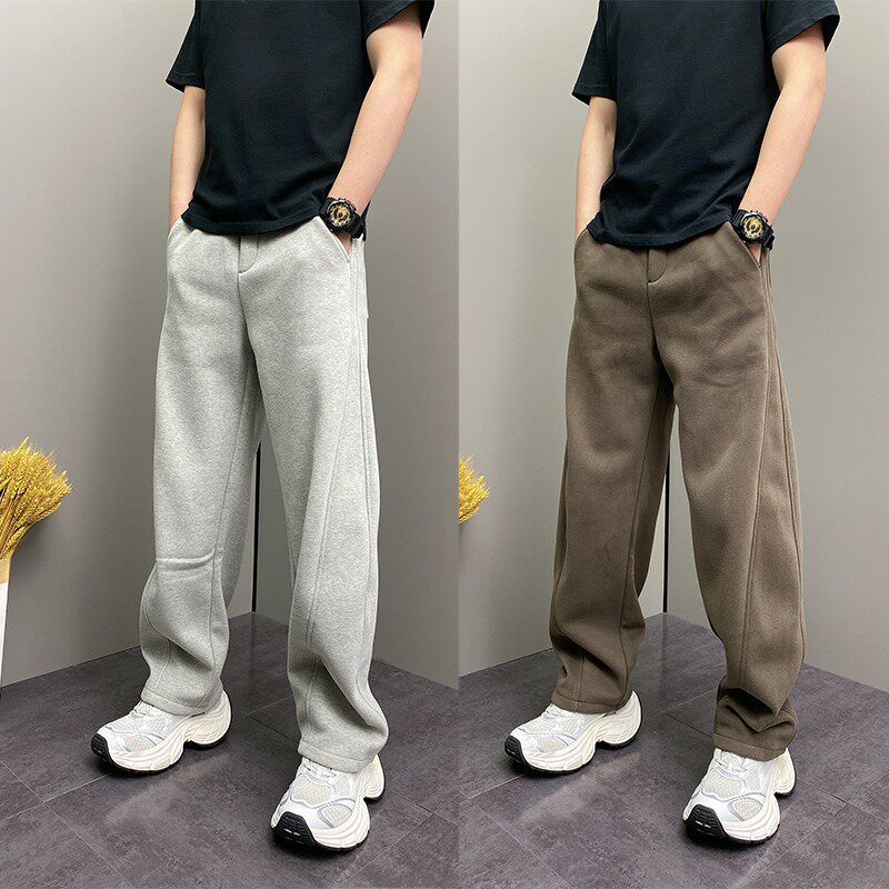 2025新款冬季加绒加厚简约百搭弯刀休闲裤男士宽松显瘦直筒运动裤