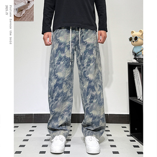 迷彩牛仔裤男款秋冬季时尚潮流宽松直筒休闲裤子高街美式长裤