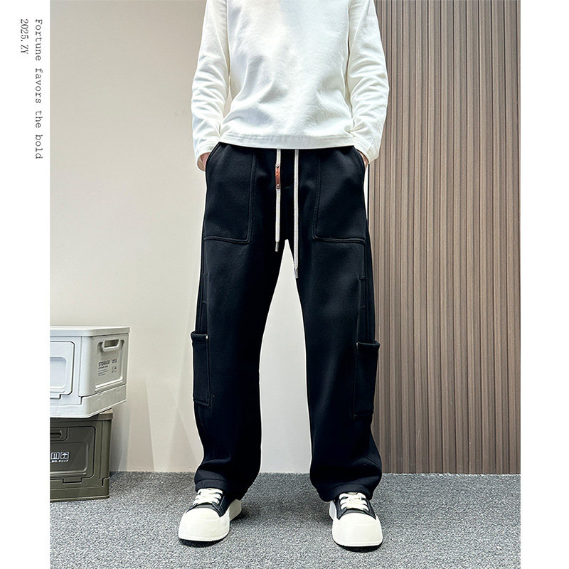 美式潮牌多口袋工装裤男款秋冬季加绒弯刀空气层卫裤男士休闲裤子