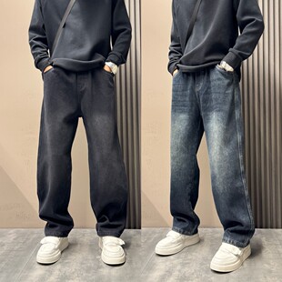 春秋新款弯刀宽松美式水洗牛仔裤松紧腰百搭简约痞帅高级感长裤男