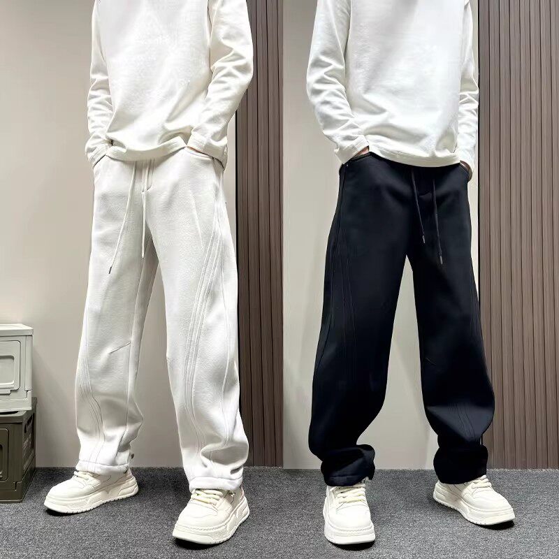 高级感条纹拼接加绒卫裤男士秋冬宽松直筒运动裤痞帅潮牌休闲裤子