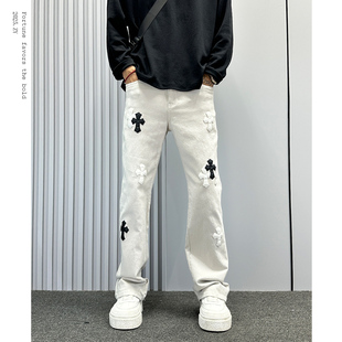 美式潮牌cleanfit十字架贴布牛仔裤男款微喇裤子秋冬直筒休闲裤潮