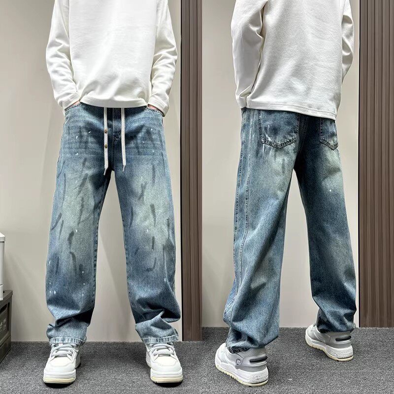 高端涂鸦弯刀牛仔裤男款春秋2026新款宽松直筒休闲阔腿裤男士长裤