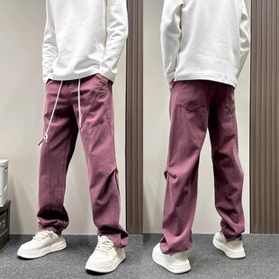 美式潮牌安可拉红伐木休闲裤男款春秋季宽松直筒裤痞帅纯色男裤子