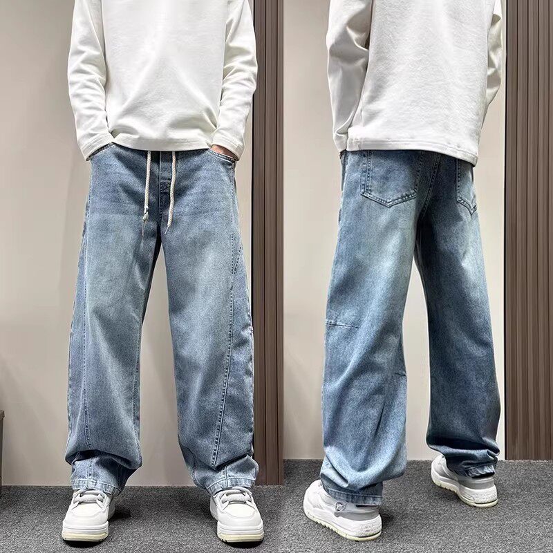 美式复古蓝色拼接弯刀牛仔裤男款春秋季宽松直筒休闲阔腿潮牌男裤