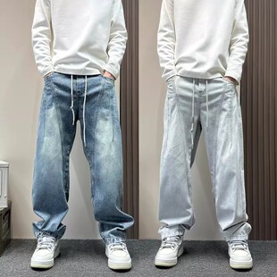 2026春秋新款松紧腰蓝色水洗牛仔裤男士宽松直筒裤痞帅阔腿休闲裤